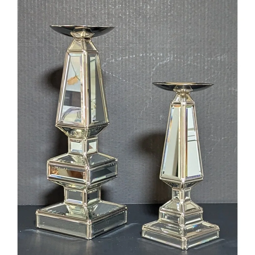 Pier One Silver Mirrored Geometrically Stacked Candlesticks Felt Bottom Set of 2